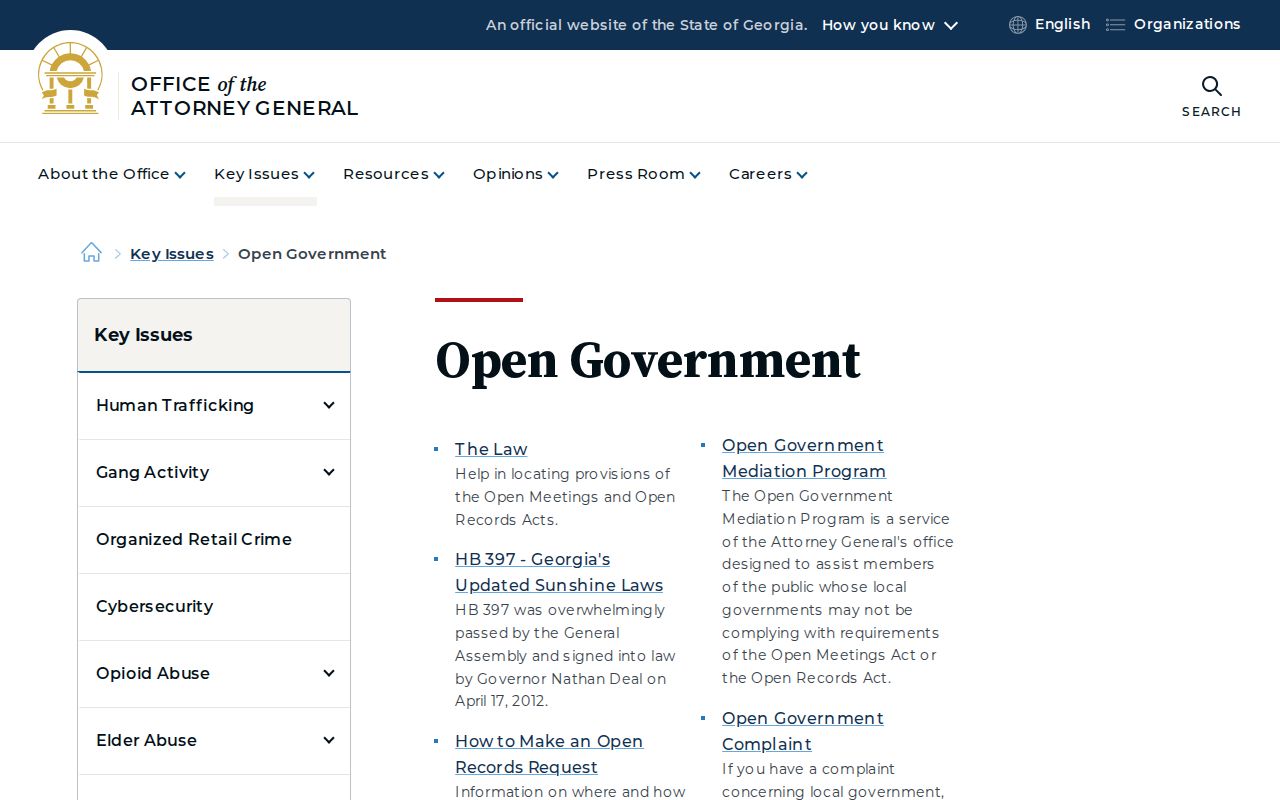 Georgia Attorney General open government guidance page